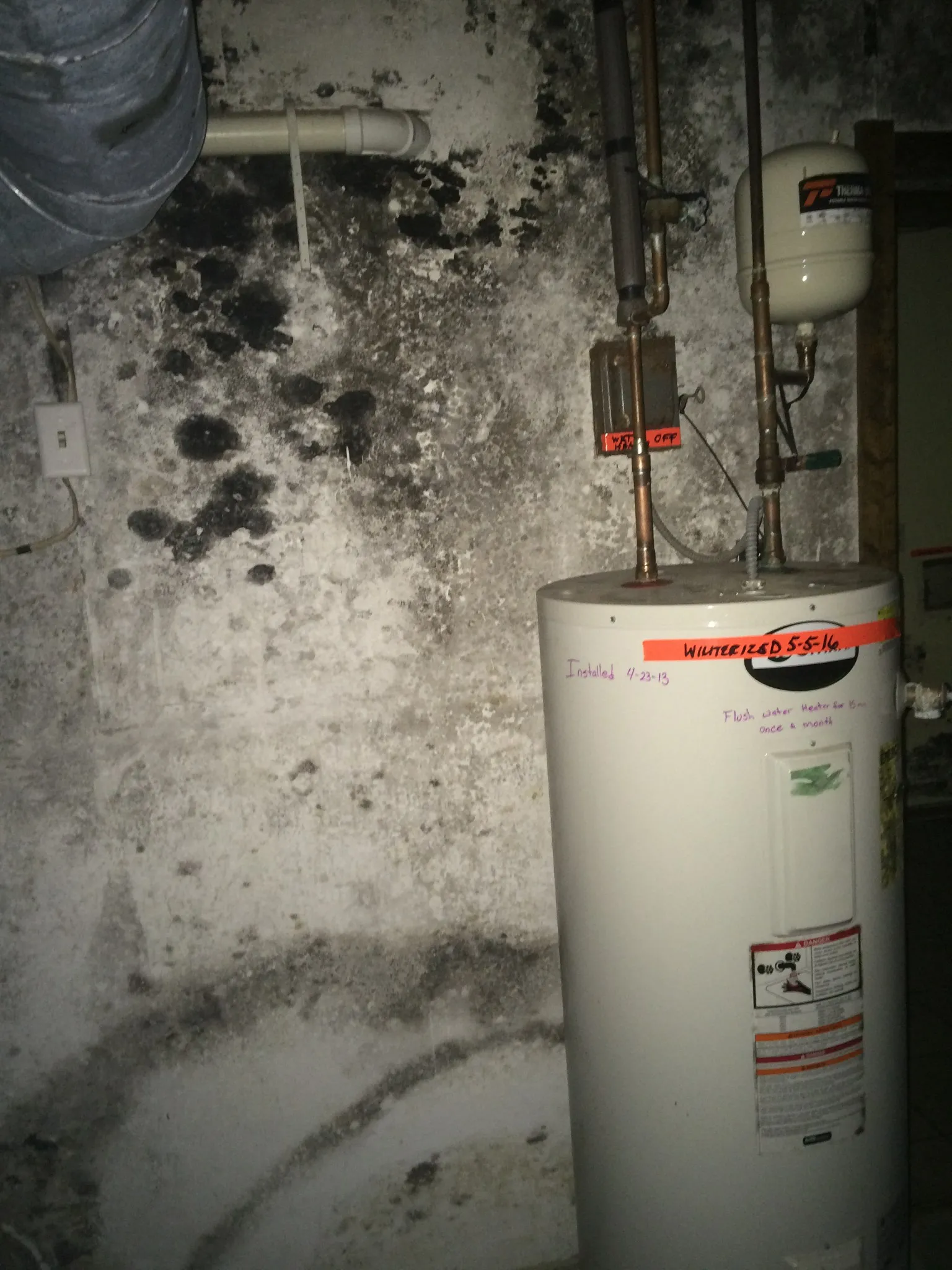 heavy black mold on a wall behind a water heater